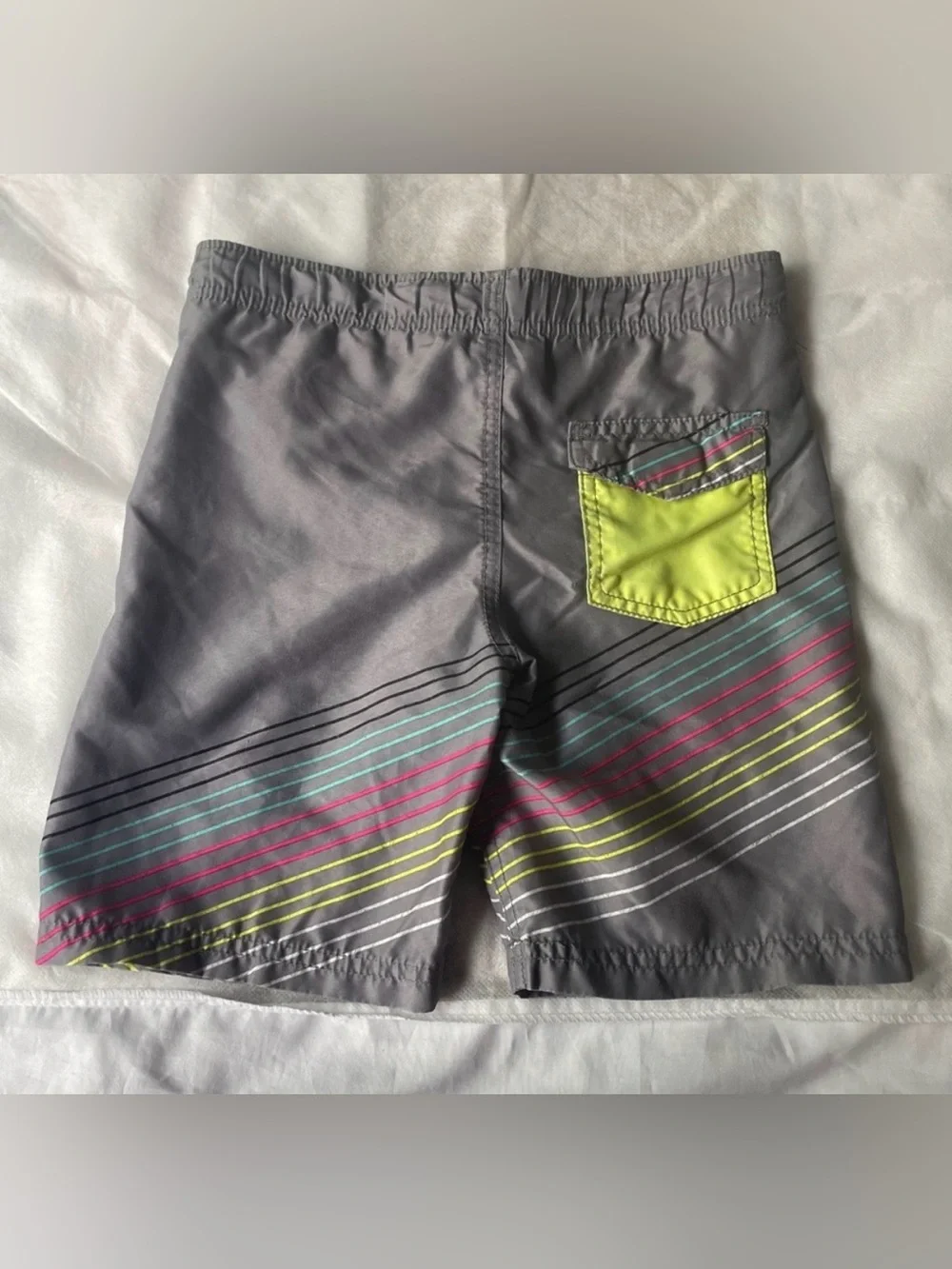 Cat & Jack Boys Swim Trunks Size 6/7 Gray Neon Stripe Board Shorts Beach Summer